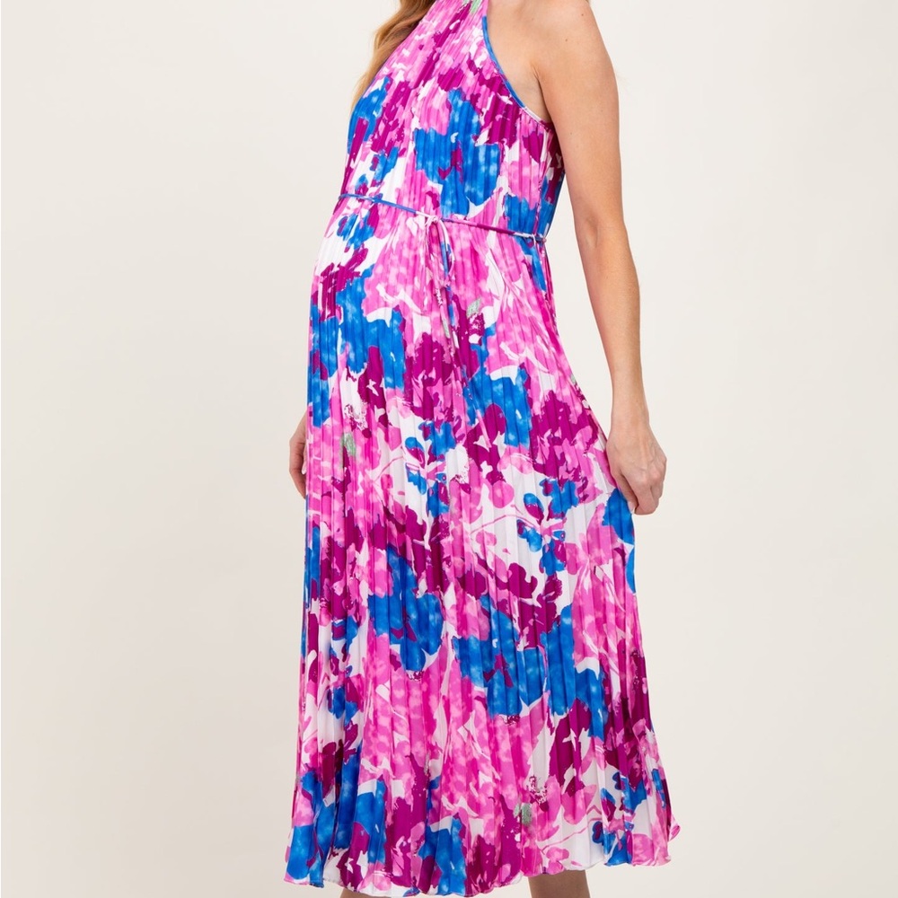 Halter-Neck maternity Pink & Blue Floral Maxi Dress